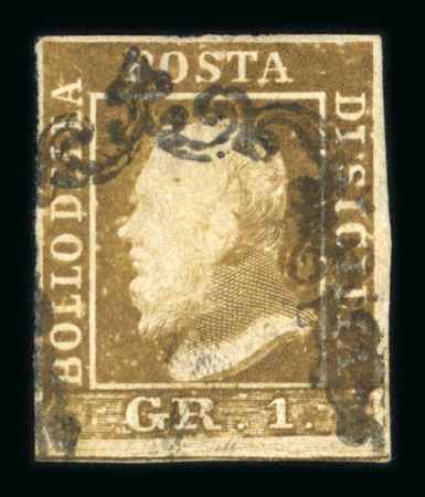 1859 1 Gr. Plate I, showing retouch by nose, position 15, fine used example with four margins.  Expertise: Signed A.Maury hs, E.Diena.