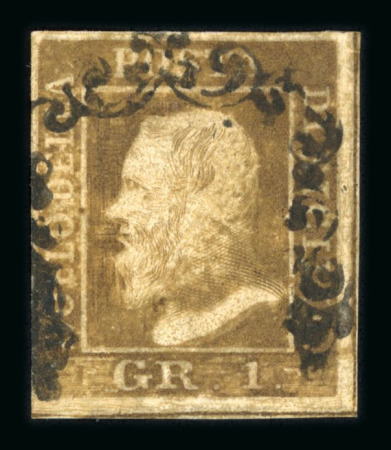 1859 1 Gr. Plate I, position 16, retouch showing extensive work to face, used example. Very fine and extremely rare.   Expertise: Signed E. Diena, Cert. Giacomo Bottacchi, AIEP (2026).