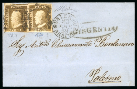 Stamp of Italian States » Sicily » 1 Grano, Plate I » Retouches Sicily 1859 1Gr. plate I, rust brown (bruno ruggine), two singles (one pos. 18 retouch) on cover from Girenti to Palermo