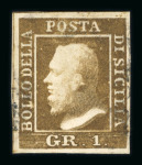 1859 1 Gr. Plate I, rust-brown (bruno ruggine), position 32, showing retouch, two examples, the second with clearer impression. The first is accompanied by A.Diena certificate (1952).  A scarce and highly interesting pai