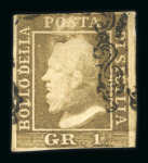 Stamp of Italian States » Sicily » 1 Grano, Plate I » Retouches Sicily 1859 1Gr. plate I, 2nd state, olive-brown (bruno olivastro) showing position 34 retouch, used