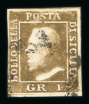 1859 1 Gr. Plate I, state I, rust-brown (bruno ruggine), position 51 showing retouch (nose), close margin at left, ironed out crease, otherwise with large margins. Fresh used example.  Expertise: Cert. Giacomo Bottacchi.