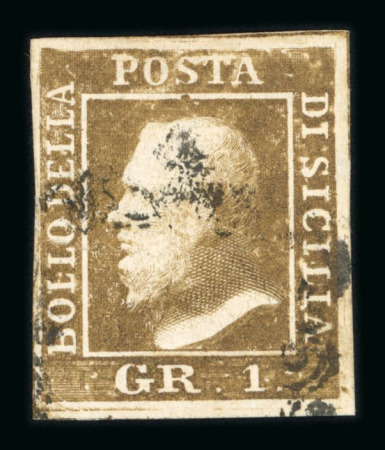 1859 1 Gr. Plate I, state I, rust-brown (bruno ruggine), position 51 showing retouch (nose), close margin at left, ironed out crease, otherwise with large margins. Fresh used example.  Expertise: Cert. Giacomo Bottacchi.