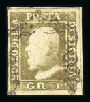 Stamp of Italian States » Sicily » 1 Grano, Plate I » Retouches Sicily 1859 1 Gr. plate I, state II, grayish olive green (verde oliva grigastro), position 51 retouch, used