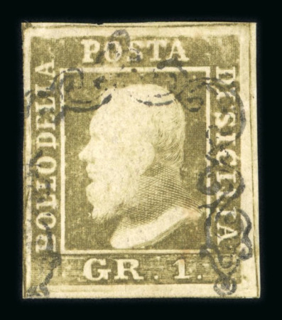 Stamp of Italian States » Sicily » 1 Grano, Plate I » Retouches Sicily 1859 1 Gr. plate I, state II, grayish olive green (verde oliva grigastro), position 51 retouch, used