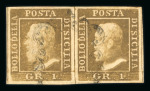 1859 1 Gr. Plate I, state I, rust-brown (bruno ruggine), horizontal pair in position 55 showing retouch at left. Fine used example with four margins, neatly struck with solitary central cancellation, contrary to regulati