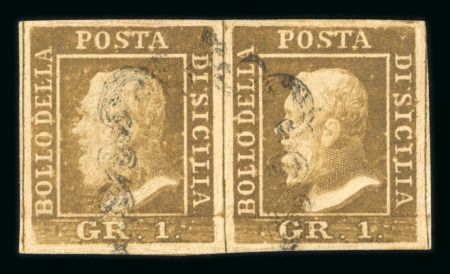 1859 1 Gr. Plate I, state I, rust-brown (bruno ruggine), horizontal pair in position 55 showing retouch at left. Fine used example with four margins, neatly struck with solitary central cancellation, contrary to regulati