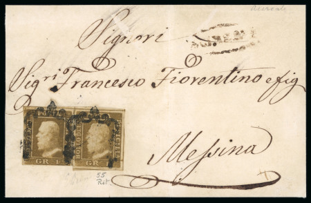 1859 1 Gr. Plate I, state I, rust-brown (bruno ruggine), horizontal pair, the right-hand stamp showing position 55 retouch (under chin)