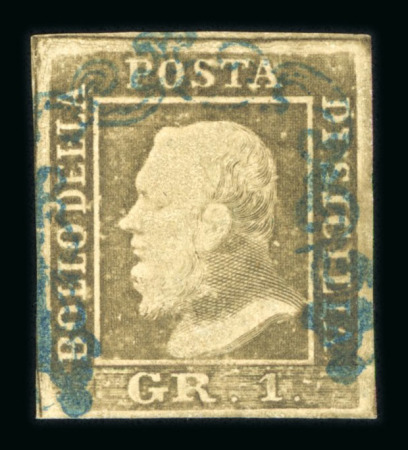 1859 1 Gr. Plate I, state II, olive-brown (bruno olivastro), position 57, showing retouch (two lines above nose), with four good margins. Fine used example, neatly cancelled in blue.  Expertise: Signed "AD" and "ED".