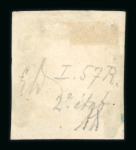 1859 1 Gr. Plate I, state II, olive-brown (bruno olivastro), position 57, showing retouch (two lines above nose), with four good margins. Fine used example, neatly cancelled in blue.  Expertise: Signed "AD" and "ED".