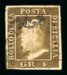 1859 1 Gr. Plate I, state I, deep rust-brown (bruno ruggine intenso), position 87 showing retouch, with four margins. Fresh used example.  Expertise: E.Diena.