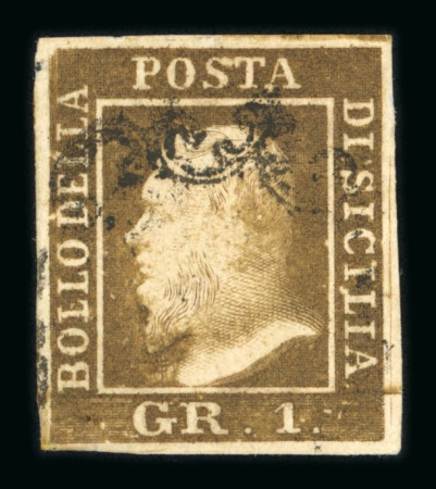 1859 1 Gr. Plate I, state I, deep rust-brown (bruno ruggine intenso), position 87 showing retouch, with four margins. Fresh used example.  Expertise: E.Diena.