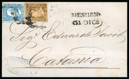 1859 1 Gr. Plate I, state I, deep rust-brown (bruno ruggine intenso), position 87, showing retouch, fine four-margined example, used on cover together with 2 Gr. with slightly poor margin. Some punch file holes present. 