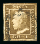 1859 1 Gr. Plate I, state I, rust-brown (bruno ruggine), position 89 showing retouch, with good to large margins. Fine used example.