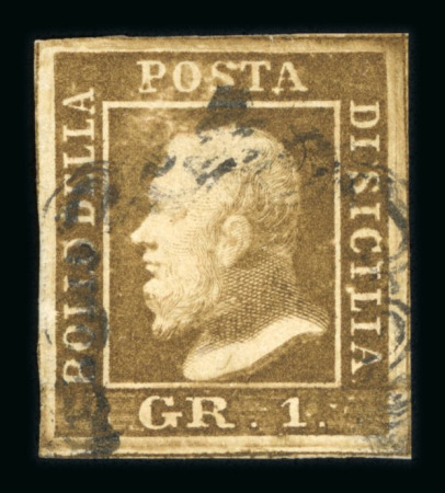 1859 1 Gr. Plate I, state I, rust-brown (bruno ruggine), position 89 showing retouch, with good to large margins. Fine used example.