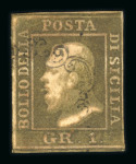 1859 1 Gr. Plate II, non-porous paper (NA), dark olive-brown (bruno oliva scuro), position 34, with good to close margins. Fine used example.  Expertise: Signed "ED" Enzo Diena.