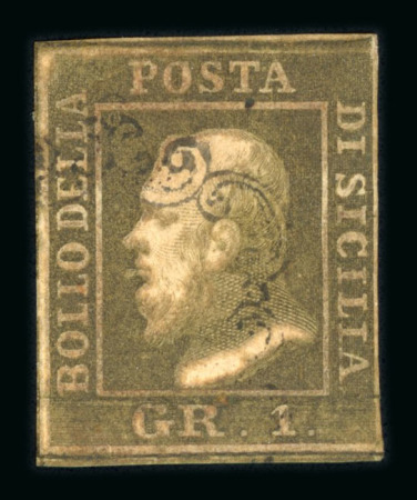 1859 1 Gr. Plate II, non-porous paper (NA), dark olive-brown (bruno oliva scuro), position 34, with good to close margins. Fine used example.  Expertise: Signed "ED" Enzo Diena.