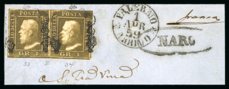 1859 1 Gr. Plate II, dark olive brown (bruno scuro), horizontal pair used on fragment from Naro to Palermo, positions 33-34, with good to close margins. Fine used pair with oval NARO strike alongside.   A clean and attra