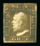 1859 1 Gr. Plate II, non-porous paper (NA), dark olive-brown (bruno oliva scuro), position 67, with four good to large margins. Fine used example.   Expertise: Signed "ED" and "AD".