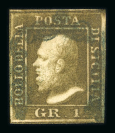 1859 1 Gr. Plate II, non-porous paper (NA), dark olive-brown (bruno oliva scuro), position 67, with four good to large margins. Fine used example.   Expertise: Signed "ED" and "AD".