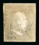 1859 1 Gr. Plate II, non-porous paper (NA), dark olive-brown (bruno oliva scuro), position 67, with four good to large margins. Fine used example.   Expertise: Signed "ED" and "AD".