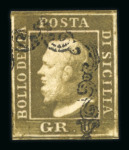 Stamp of Italian States » Sicily » 1 Grano, Plate II » Stamps Sicily 1859 1 Gr. plate II, dark olive brown (bruno oliva scuro), position 77, used