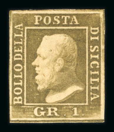 1859 1 Gr. Plate II, non-porous paper (NA), light olive-brown (bruno oliva chiaro), position 50, with four good even margins. Fresh example with large part original brownish gum, a rare mint single.  Expertise: Signed "E