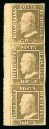 Stamp of Italian States » Sicily » 1 Grano, Plate II » Stamps Sicily 1859 1Gr. plate II, porous paper (NA), light olive brown (bruno oliva chiaro), mint left sheet marginal vertical strip of three