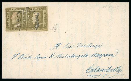 1859 1 Gr. Plate II, light olive-brown (bruno oliva chiaro), horizontal pair, neatly used on undated entire letter to Caltanissetta, with letter dated "Da Palermo il 27 novembre del 1858". Cancelled by a solitary strike 