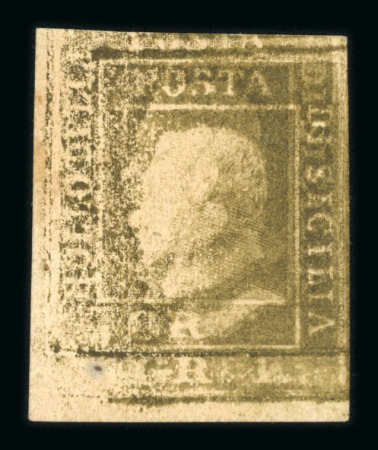1859 1 Gr. Plate II, porous paper (PA), olive-brown (bruno oliva), bottom left corner sheet marginal example showing a striking vertical double print. Large part original brownish gum. A fine and rare error of great visu