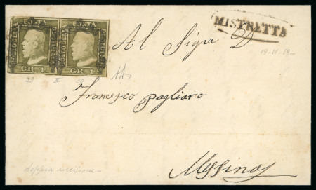 1859 1 Gr. Plate II, greyish olive (oliva grigiastro), horizontal pair, position 29-30, the right-hand stamp showing double engraving, position 30, with fine even margins, on 1859 (21 Apr.) cover from Mistretta to Messin
