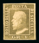 Stamp of Italian States » Sicily » 1 Grano, Plate II » Stamps Sicily 1859 1 Gr. plate II, porous paper (NA) greyish olive green (verde oliva grigiastro), mint position 32 showing double engraving