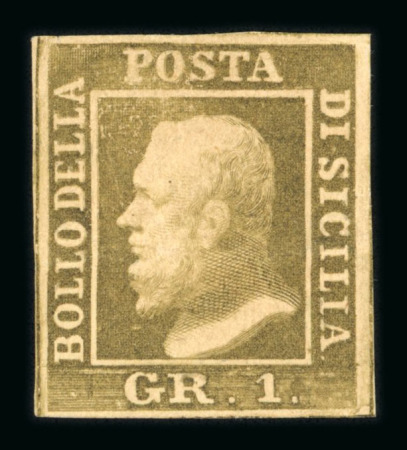 Stamp of Italian States » Sicily » 1 Grano, Plate II » Stamps Sicily 1859 1 Gr. plate II, porous paper (NA) greyish olive green (verde oliva grigiastro), mint position 32 showing double engraving