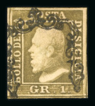 Stamp of Italian States » Sicily » 1 Grano, Plate II » Stamps Sicily 1859 1 Gr. plate II, greyish olive green (verde oliva grigiastro), used, position 32 showing double engraving