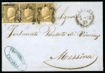 Stamp of Italian States » Sicily » 1 Grano, Plate II » Covers Sicily 1859 (7.12) cover from Catania to Messina with 1Gr. plate II pair and single pos. 32 showing double engraving