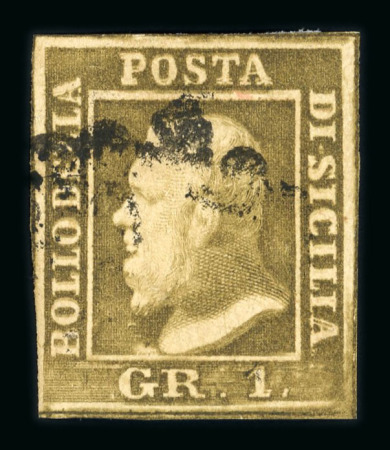1859 1 Gr. Plate II, greyish olive (oliva grigiastro), position 32, showing double impression, with four close to good margins. Fine used example of this attractive error.  Expertise: Signed "AD" Alberto Diena.