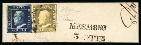 Stamp of Italian States » Sicily » 1 Grano, Plate II » Stamps Sicily 1859 1 Gr. plate II, olive (oliva), position 35 showing clear double impression (doppie incisioni), used