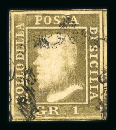 1859 1 Gr. Plate II, olive-brown (bruno oliva), position 19, showing retouch (lines in front of forehead), with four margins. Fine used example.  Expertise: Signed "AD" Alberto Diena.