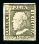 1859 1 Gr. Plate II, greyish olive-green (verde oliva grigiastro), position 69 showing retouch above the “G” of “GR”, with large part fresh original gum. A fine and scarce unused example.
