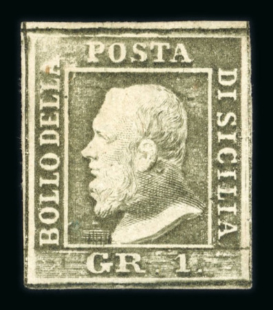 1859 1 Gr. Plate II, greyish olive-green (verde oliva grigiastro), position 69 showing retouch above the “G” of “GR”, with large part fresh original gum. A fine and scarce unused example.