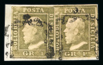 1859 1 Gr. Plate II, light olive-brown (bruno oliva chiaro), position 69 showing retouch, on small piece together with a normal example. A scarce and attractive comparative item illustrating the variety alongside the unr