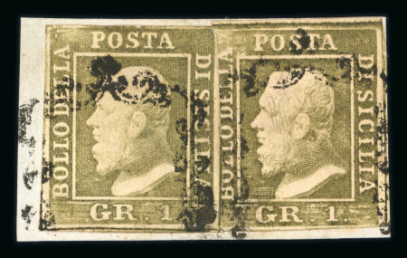 1859 1 Gr. Plate II, light olive-brown (bruno oliva chiaro), position 69 showing retouch, on small piece together with a normal example. A scarce and attractive comparative item illustrating the variety alongside the unr