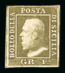 Stamp of Italian States » Sicily » 1 Grano, Plate II » Retouches Sicily 1859 1 Gr. plate II, olive brown (bruno oliva), mint position 82 showing retouch