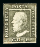 1859 1 Gr. Plate II, greyish olive-green (verde oliva grigiastro), position 82 showing retouch, with large part original gum. A fine and scarce unused example.  Expertise: Signed "AD" Alberto Diena.