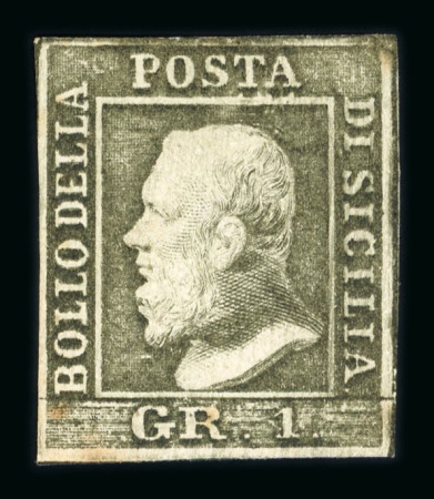 1859 1 Gr. Plate II, greyish olive-green (verde oliva grigiastro), position 82 showing retouch, with large part original gum. A fine and scarce unused example.  Expertise: Signed "AD" Alberto Diena.