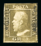 1859 1 Gr. Plate I, greyish olive-brown (bruno oliva grigiastro), position 84 showing retouch (line at top of head), with four margins. Fine used example.  Expertise: Signed "ED" and "AD".