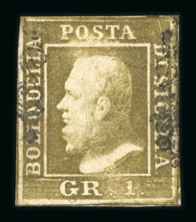 1859 1 Gr. Plate I, greyish olive-brown (bruno oliva grigiastro), position 84 showing retouch (line at top of head), with four margins. Fine used example.  Expertise: Signed "ED" and "AD".
