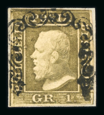 1859 1 Gr. Plate II, light olive-brown (bruno oliva chiaro), position 89 showing retouch (left of eye), with four margins. Fine used example, cancelled by a perfectly placed strike.  Expertise: Signed "AD" Alberto Diena.