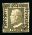 1859 1 Gr. Plate III, dark olive-green (verde oliva scuro), with four good margins. Fine used example.