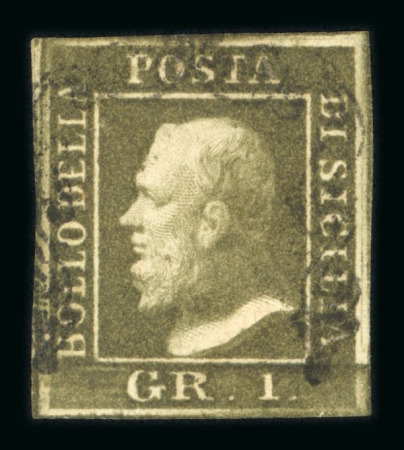 1859 1 Gr. Plate III, dark olive-green (verde oliva scuro), with four good margins. Fine used example.